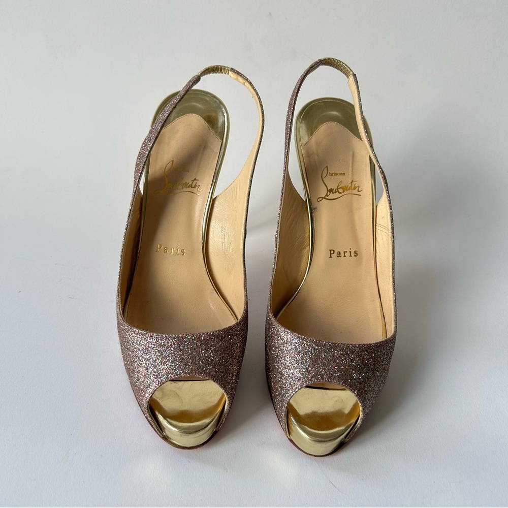 Christian Louboutin Lady Peep Slingback Peep Toe Glitter Heel sz 40 - Picture 4 of 16